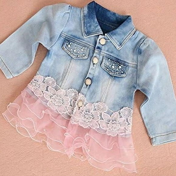 Baby Denim Pageant Jacket Pink Floral Lace Pearl Rhinestone Trim 6 9 12 Mo - Picture 1 of 7